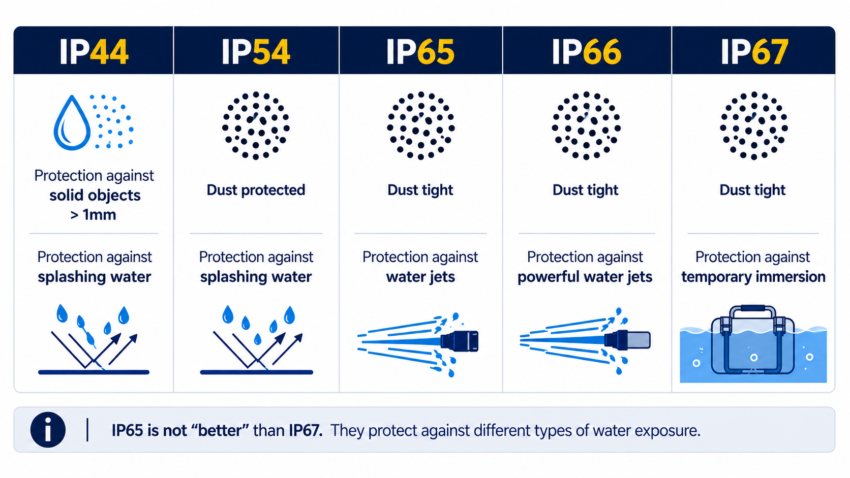 IP rating chart showing IP44, IP54, IP65, IP66 and IP67 levels of protection against solid objects, dust, splashing, water jets and temporary immersion